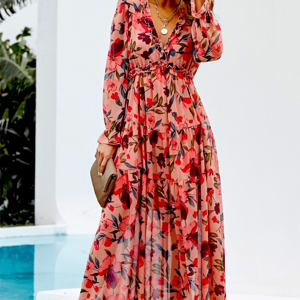 Floral Ruffled Maxi Dress. Size Large Color: Floral - Picture 3 of 8
